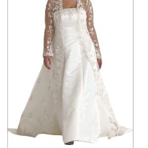 DAVID'S BRIDAL COLLECTION 14W Wedding Dress with Beaded Lace Jacket STYLE#V8835